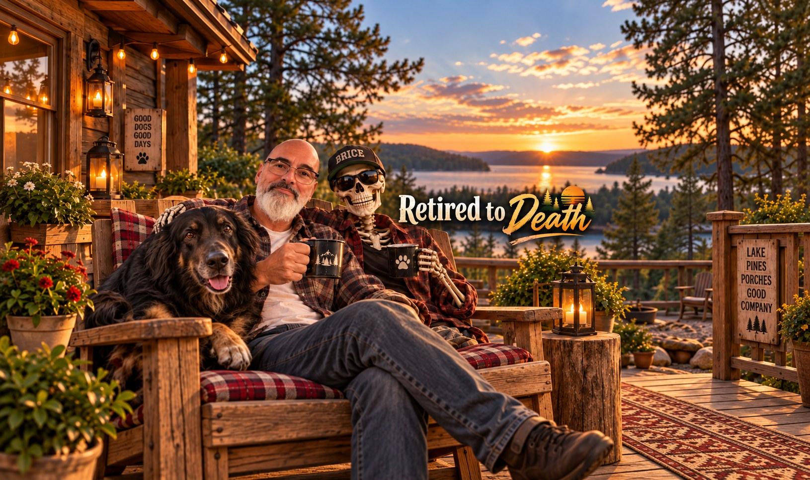 Rick, Bruce and the dog sharing a lakeside porch at sunset