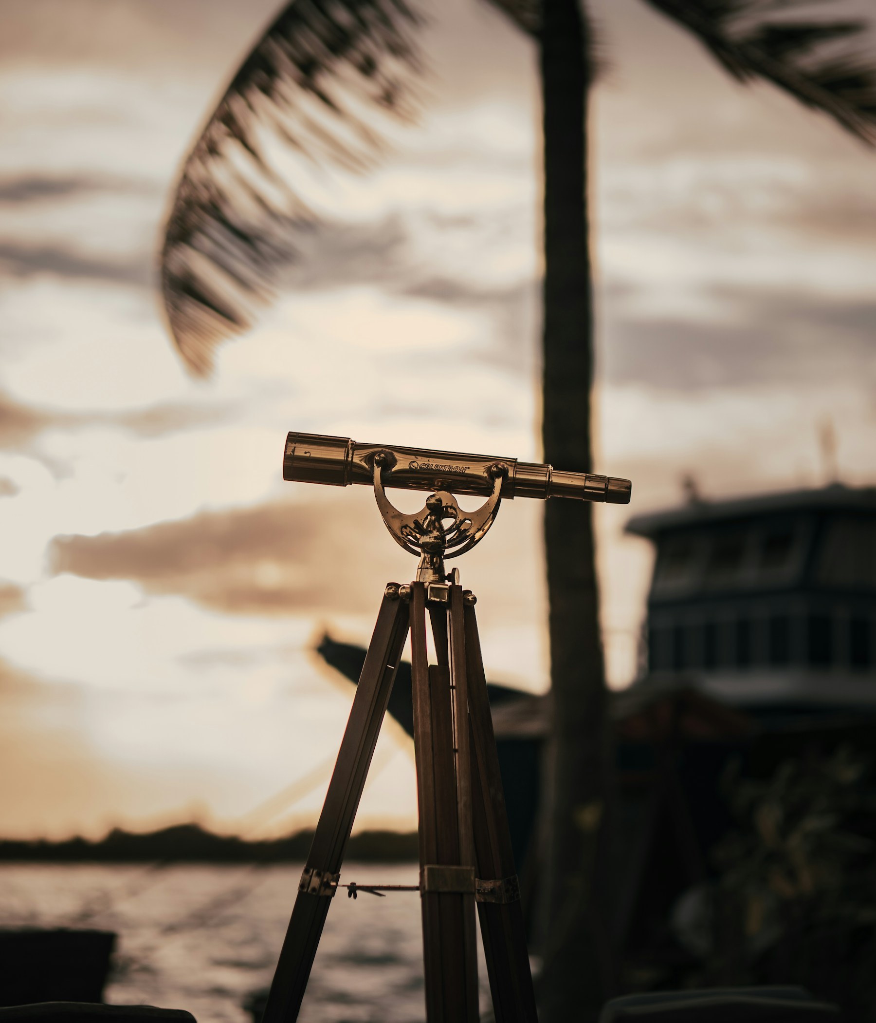 A brass telescope on a wooden tripod outdoors at sunset